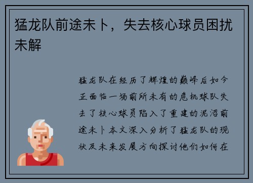 猛龙队前途未卜，失去核心球员困扰未解
