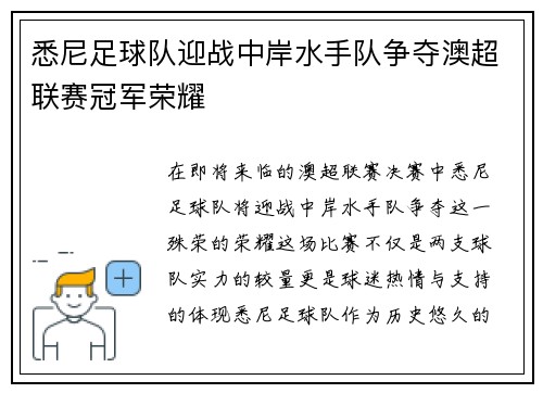 悉尼足球队迎战中岸水手队争夺澳超联赛冠军荣耀